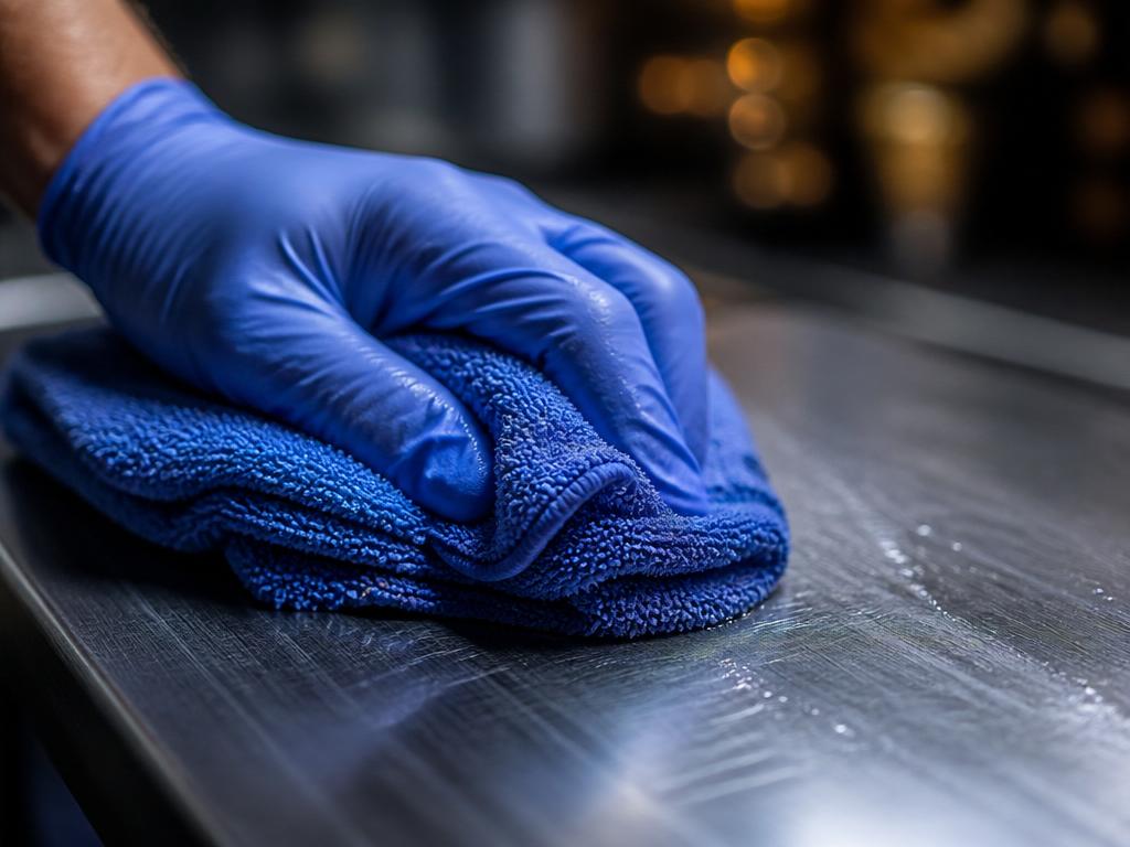 Close-up of gloved hands wiping down a stainless steel surface