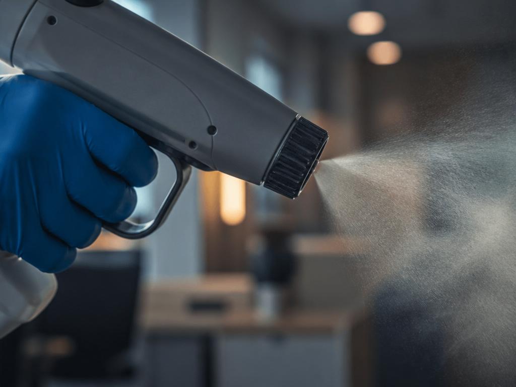 Gloved hand operating a disinfectant sprayer on a surface