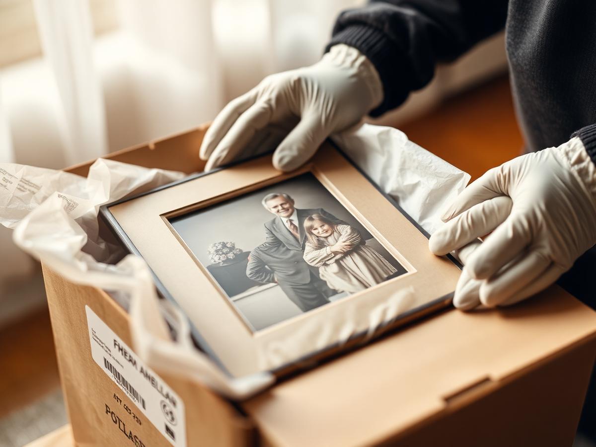 Gloved hands wrapping a framed family photograph before packing it