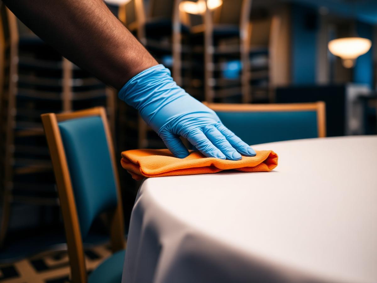Gloved hand wiping a banquet table with a microfiber cloth