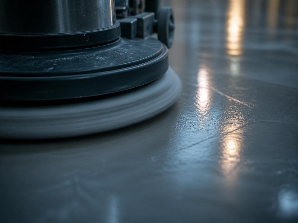 Close-up of a floor buffer pad in motion on polished flooring