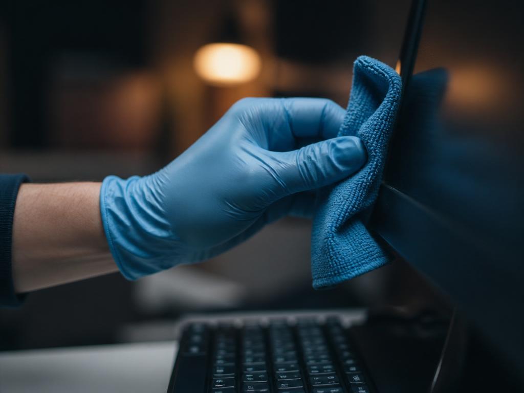 Microfiber cloth being wiped across an office workstation