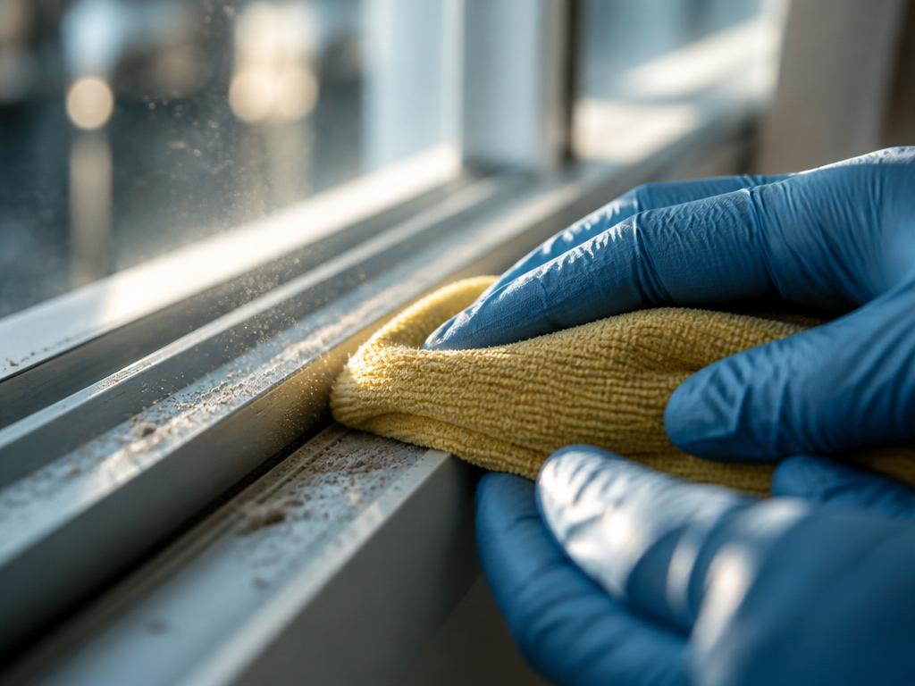 Gloved hands wiping construction dust from a window frame