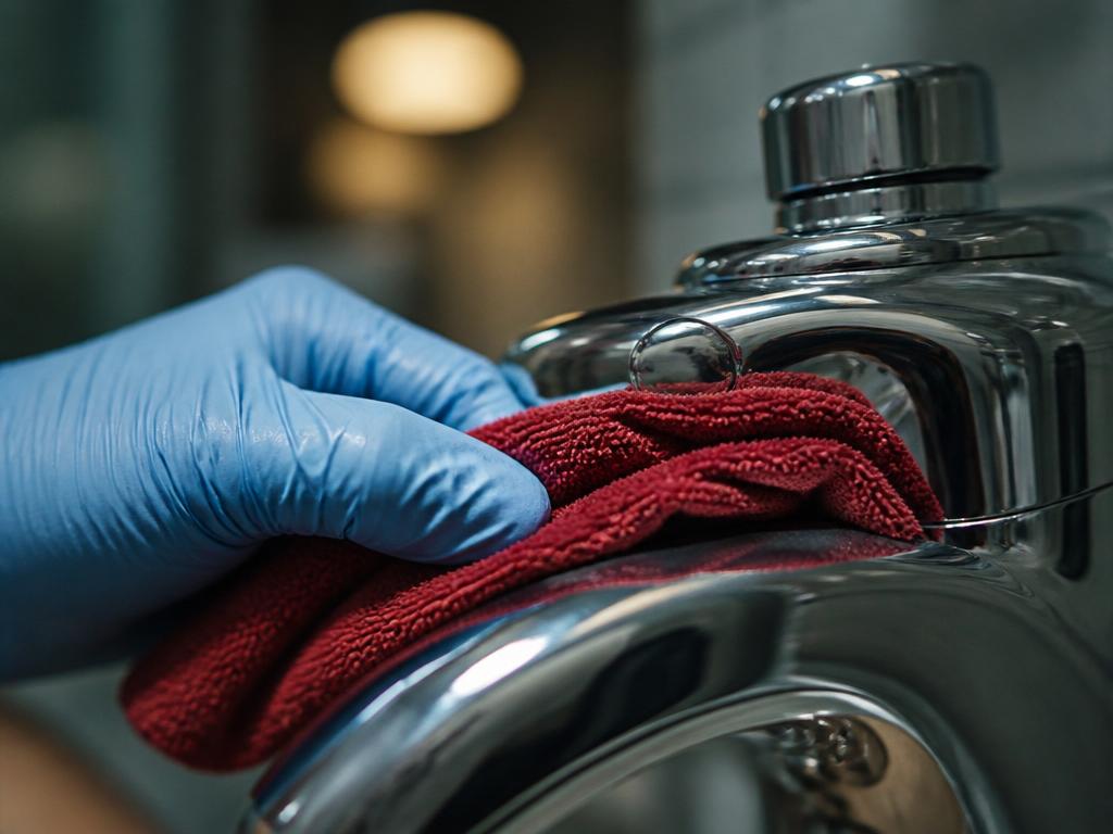 Close-up of a kitchen fixture being polished by a cleaning specialist