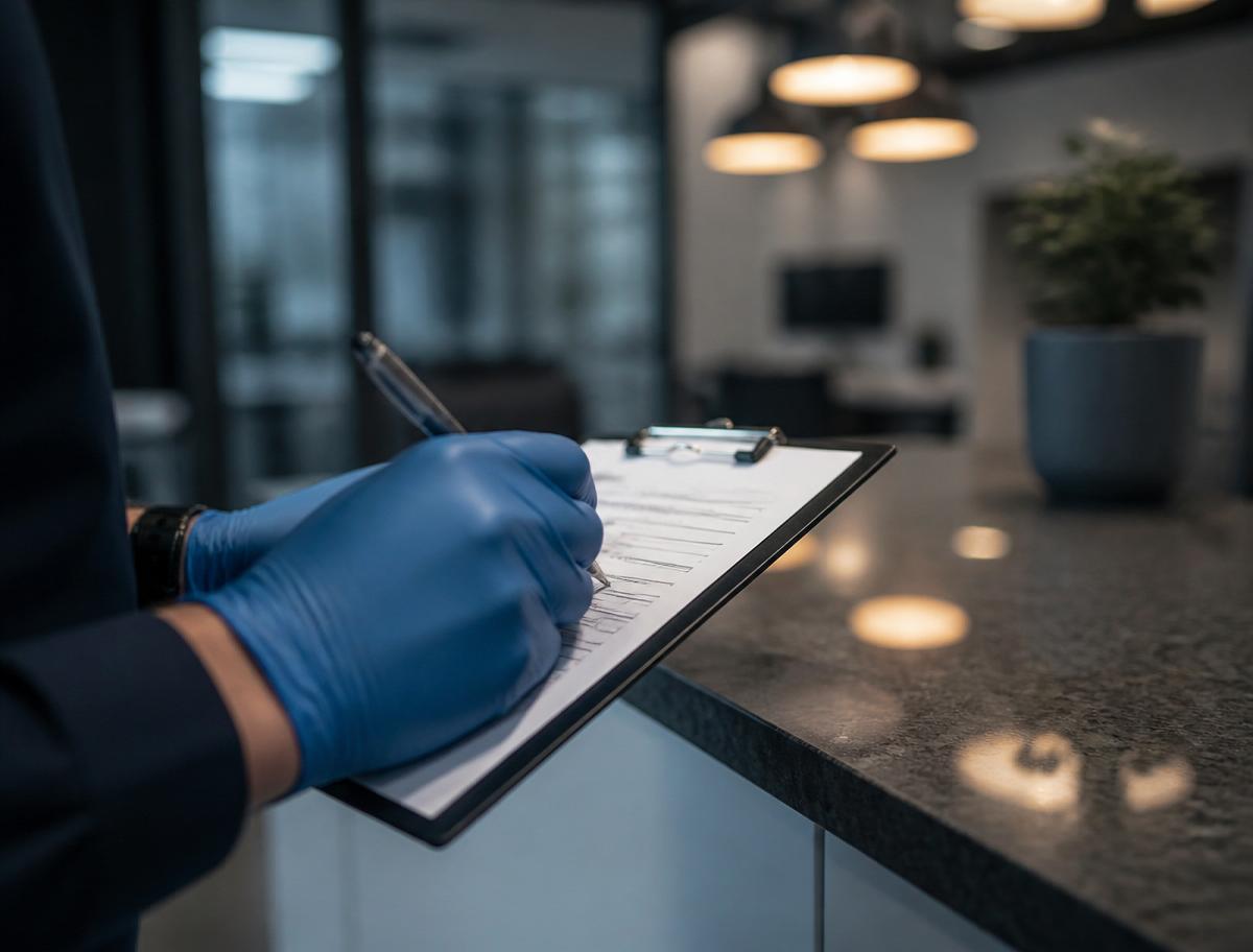 Inspector walking through a workplace with a checklist tablet