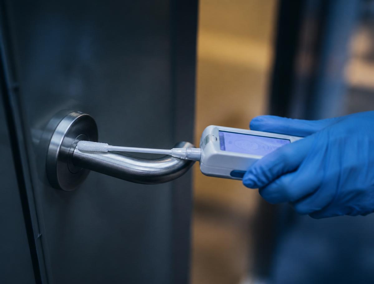 Gloved hand taking an ATP swab test on a surface
